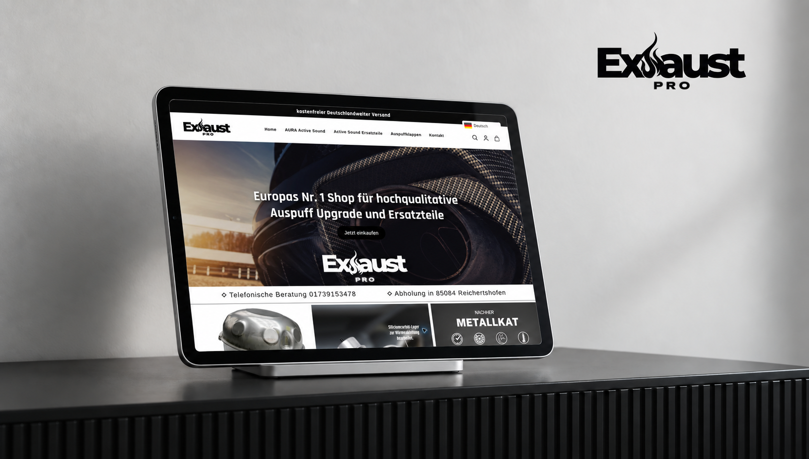 Onlineshop von Exhaust Pro auf einem Tablet