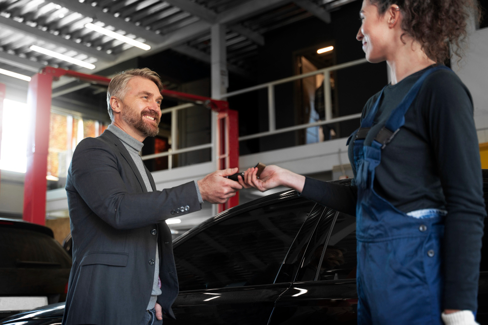 Unternehmer übergibt in einer Werkstatt einen Fahrzeugschlüssel